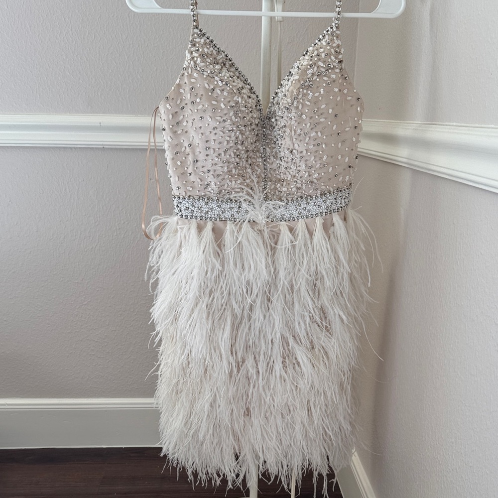 Jovani Silver and Cream Backless Dress